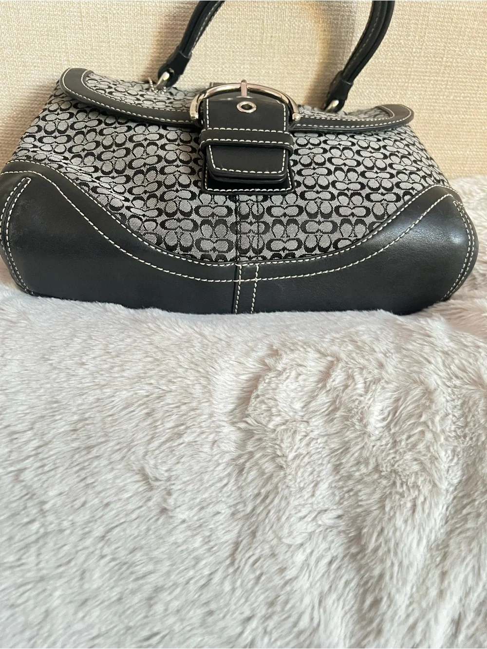 Coach Black and Gray Monogram Satchel with Buckle Accent